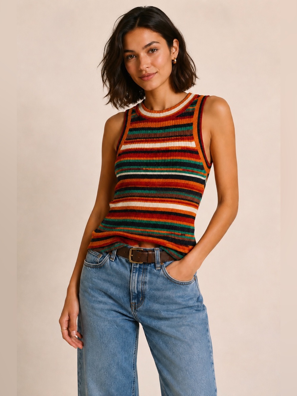 Zara Striped Rib-Knit Sleeveless Knit Top in Multi-Color S